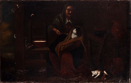 Italian school; second half of the 17th century. 
"Old woman raising a cat". 
Oil on canvas.