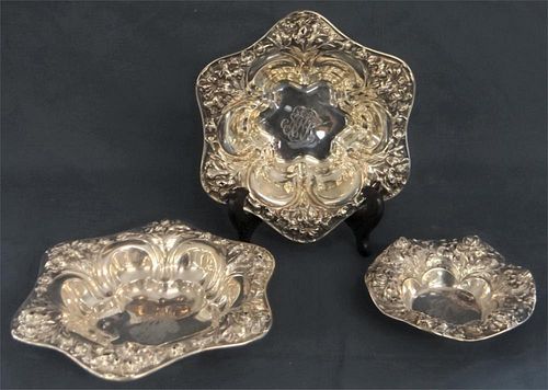 3 STERLING SILVER FLORAL REPOUSSE BORDERED DISHES