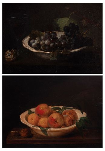 Spanish School, XVII century. 
"Still life with peaches" and "Still life with grapes and wine". 
Oil on boards.