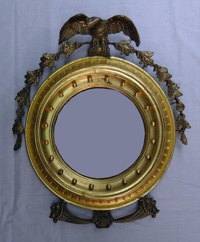 19THC. AMER. CARVED GILTWOOD CONVEX MIRROR