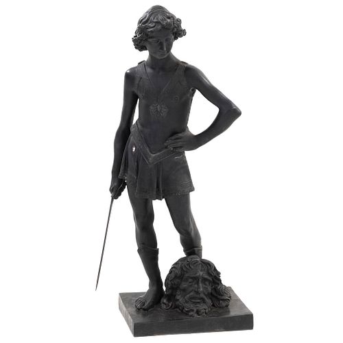 DESPUÉS DE ANDREA DEL VERROCCHIO. David. SXX. Escultura en bronce con pátina color negro.