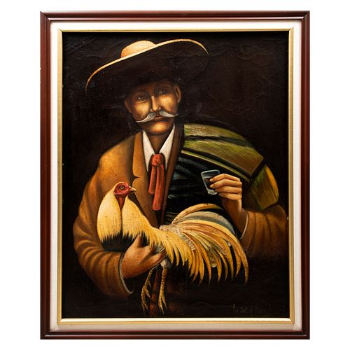 FIRMA SIN IDENTIFICAR. SXX. Caballero con gallo y vaso tequilero. Óleo sobre tela. 98 x 78 cm. Enmarcado.