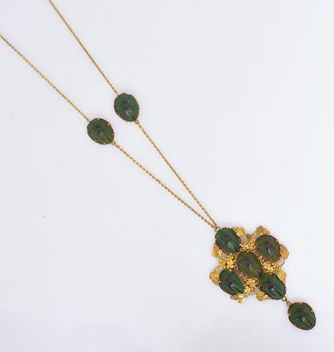 18k Gold  Arts & Crafts Enameled Scarab Necklace