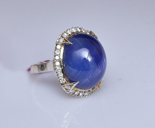 Palladium Star Sapphire and Diamond Ring