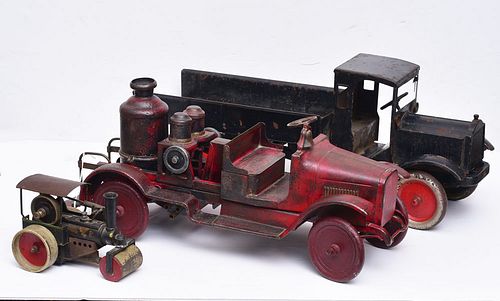 Two Pressed Steel Trucks and Steam Roller Toy