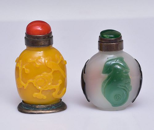 Two Carved Peking Glass Snuff Bottles