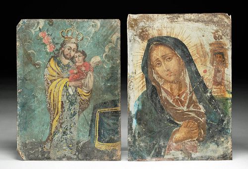 Pair of 19th C. Mexican Retablos - Mary & St. Joseph