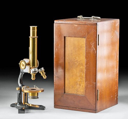 19th C. American Brass & Steel Microscope w/ Wood Case