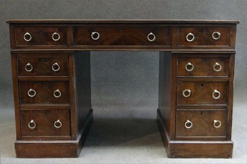 KNEE HOLE DESK W/ RED LEATHER TOP C. 1870