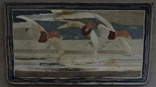 19THC. HOOKED RUG "GEESE IN FLIGHT" 34 1/4'" X 59"