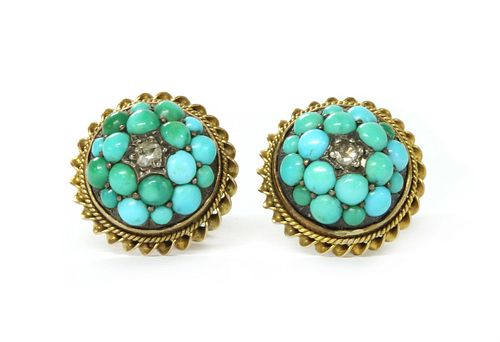 A pair of gold and silver, diamond and turquoise bombé clusters,