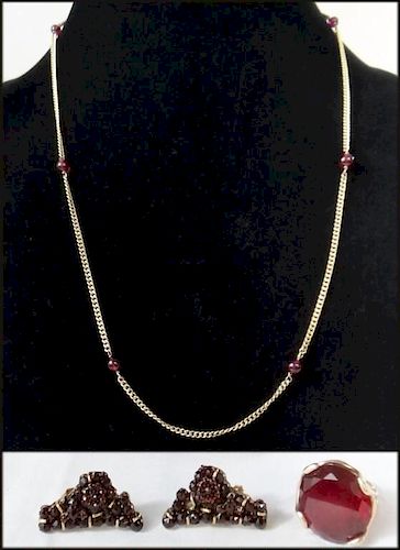 3 PCS 14K GOLD : GOLD & RED BEAD NECKLACE, GOLD &