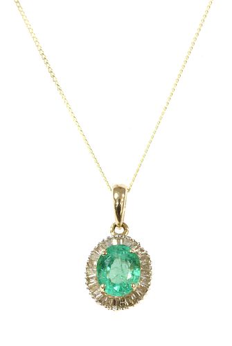 A gold emerald and diamond cluster pendant,