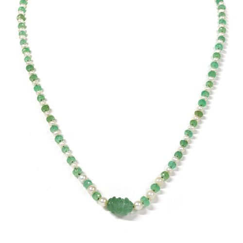 An emerald bead and cultured pearl necklace,