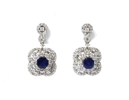 A pair of white gold drop sapphire and diamond drop earrings,
