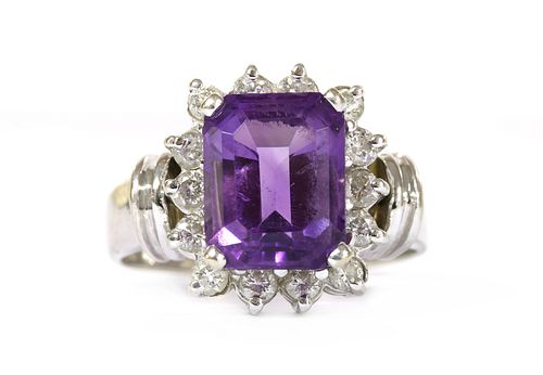 An American white gold, amethyst and diamond rectangular cluster ring,