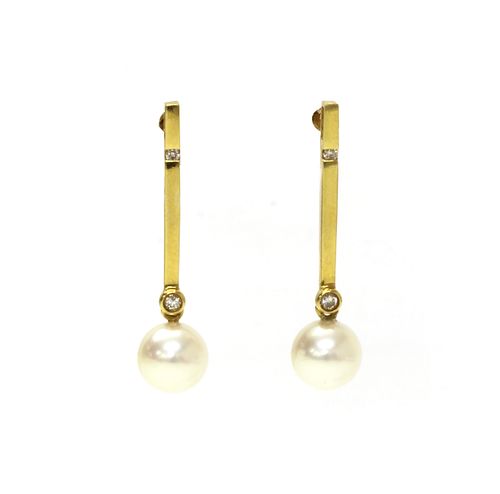 A pair of 18ct gold cultured pearl and diamond drop earrings,