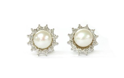 A pair of 18ct white gold cultured freshwater pearl and diamond cluster earrings,