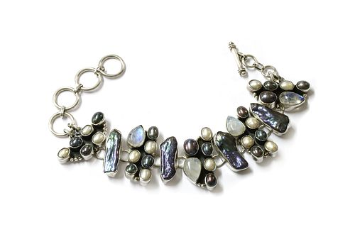 A silver cultured freshwater pearl, blister pearl and moonstone bracelet,
