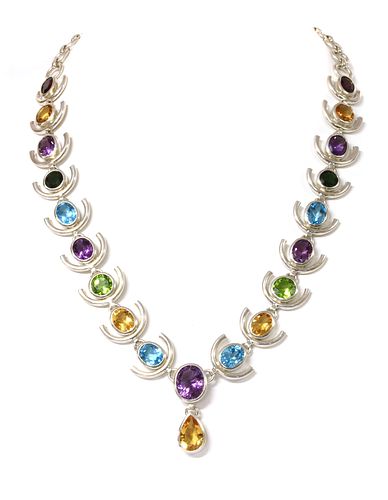 A sterling silver assorted gemstone necklace,