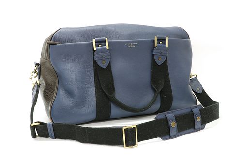 An Aspinal blue and dark brown calf leather weekend bag,