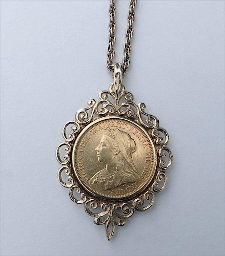 ENGLISH 1894 GOLD SOVEREIGN IN  GOLD PENDANT FRAME