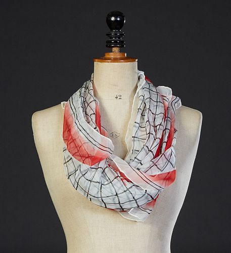Vintage Chanel Transparent Silk Scarf, in a check pattern with a red faded border, with hand rolled edges, accompanied by original Chanel box, H.- 24 