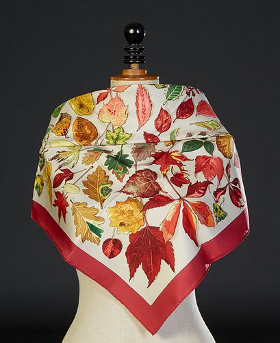Vintage Chanel "Feuilles d'Automne" Silk Scarf, c. 1990, featuring a fall leaf motif with a red border, made in France, with hand rolled edges, H.- 36