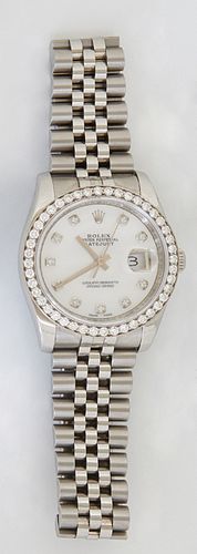 Man's Stainless Steel Rolex Oyster Perpetual Day-Date Wristwatch, Model 116234, Serial # G574686, with a mother-of-pearl dial, an 18K white gold diamo