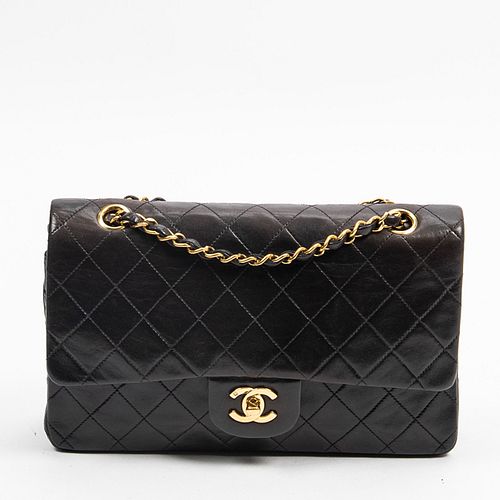 Chanel Classic Double Flap 26 Shoulder Bag, c. 1994, in black quilted calf leather with golden hardware, opening to burgundy calf leather lined interi
