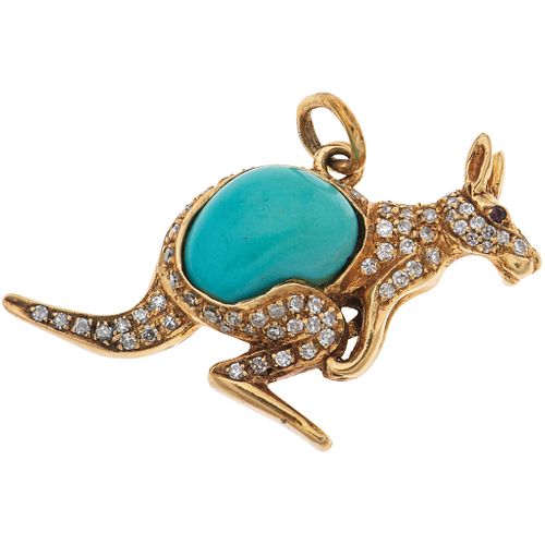 PENDANT WITH TURQUOISE, RUBY AND DIAMONDS IN 14K YELLOW GOLD Cabochon cut turquoise, 1 Round cut ruby, 8x8 cut diamonds | PENDIENTE CON TURQUESA, RUBÍ