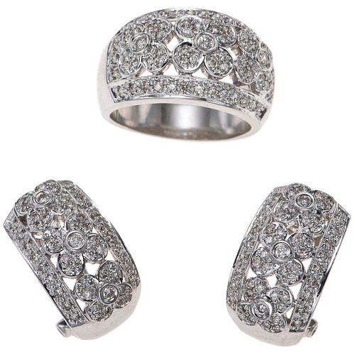 SET OF RING AND PAIR OF EARRINGS WITH DIAMONDS IN 18K WHITE GOLD Brilliant cut diamonds ~0.90 ct. Weight: 21.6 g | JUEGO DE ANILLO Y PAR DE ARETES CON