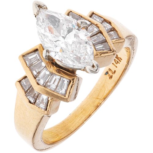 RING WITH DIAMONDS IN 14K YELLOW GOLD 1 Marquise cut diamond ~1.20 ct Clarity: I2-I3. Baguette cut diamonds ~0.40 ct | ANILLO CON DIAMANTES EN ORO AMA