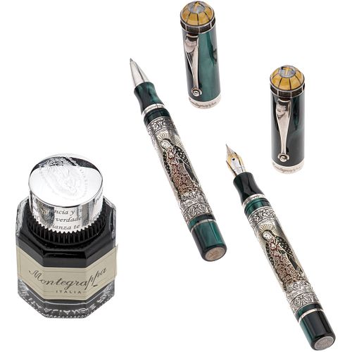 FOUNTAIN PEN AND ROLLERBALL MONTEGRAPPA N.S. VIRGEN DE GUADALUPE EDITION IN GREEN RESIN, .925 SILVER, 18K YELLOW GOLD AND CERAMIC | PLUMA FUENTE Y ROL