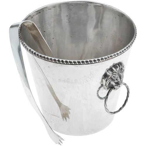 ICE BUCKET WITH PRONGS, MEXICO, 20TH CENTURY, AG 0.925 Sterling Silver, Weight: 681 g | HIELERA CON TENAZA  MÉXICO, SIGLO XX Plata AG sterling, Ley 0.