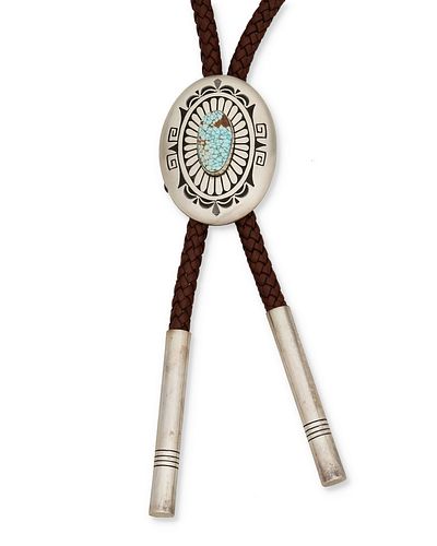 A Charlie John Navajo silver and turquoise bolo tie
