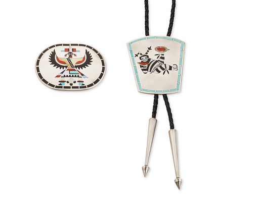 A Dennis and Nancy Edaakie Zuni inlaid bolo and buckle