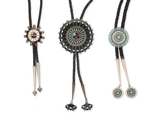 Three Zuni silver and turquoise bolo ties