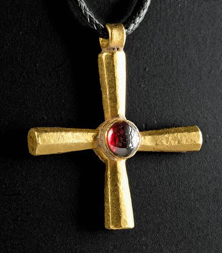 Superb Byzantine Gold Cross w/ Garnet Cabochon