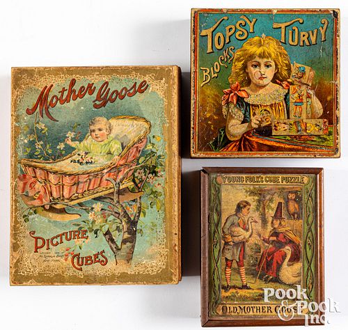 Three wood picture puzzle block sets