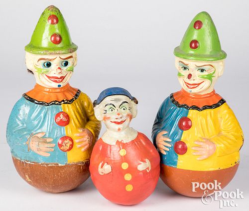 Three composition Rolly Dolly roly poly clowns