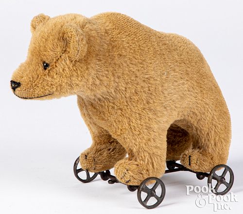 Steiff stuffed mohair bear on wheels