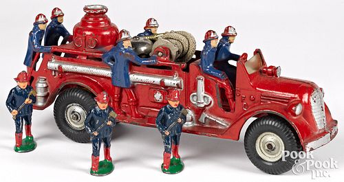 Arcade Ford painted cast fire truck and firemen