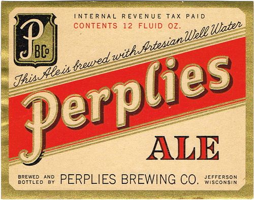 1942 Perplies Ale 12oz Label Jefferson, Wisconsin WI186-14