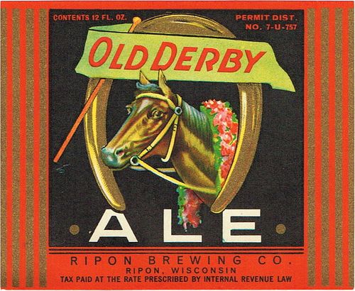 1933 U-Permit Old Derby Ale 12oz Label Ripon, Wisconsin