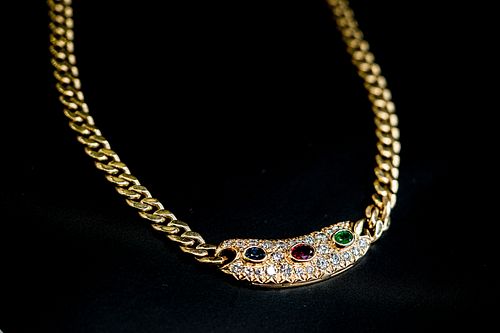 14k Yellow Gold Diamond, Emerald, Sapphire, Ruby Necklace