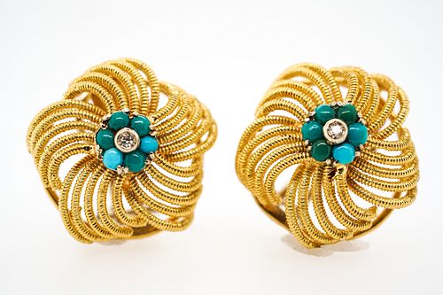 A Pair of 18K Yellow Gold Turquiose & Diamond Earrings