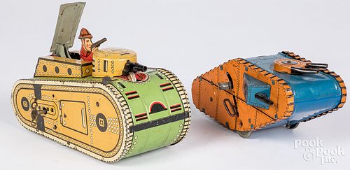 Two Marx tin lithograph wind-up tanks