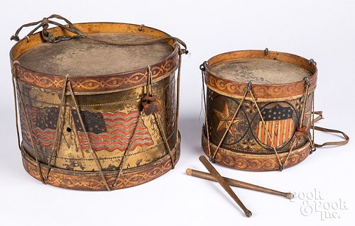 Two embossed tin patriotic tin drums