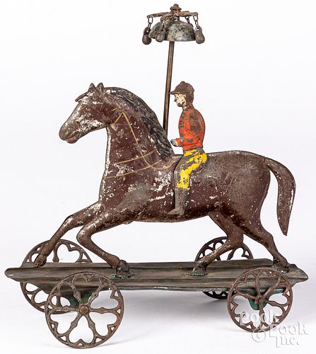 American painted tin platform horse pull toy